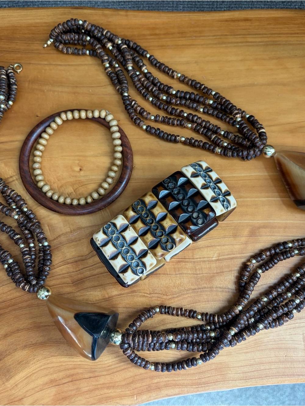 Carved Wood Stretch Bracelet - Brown & Cream Necklace and 2 Wood Bracelets